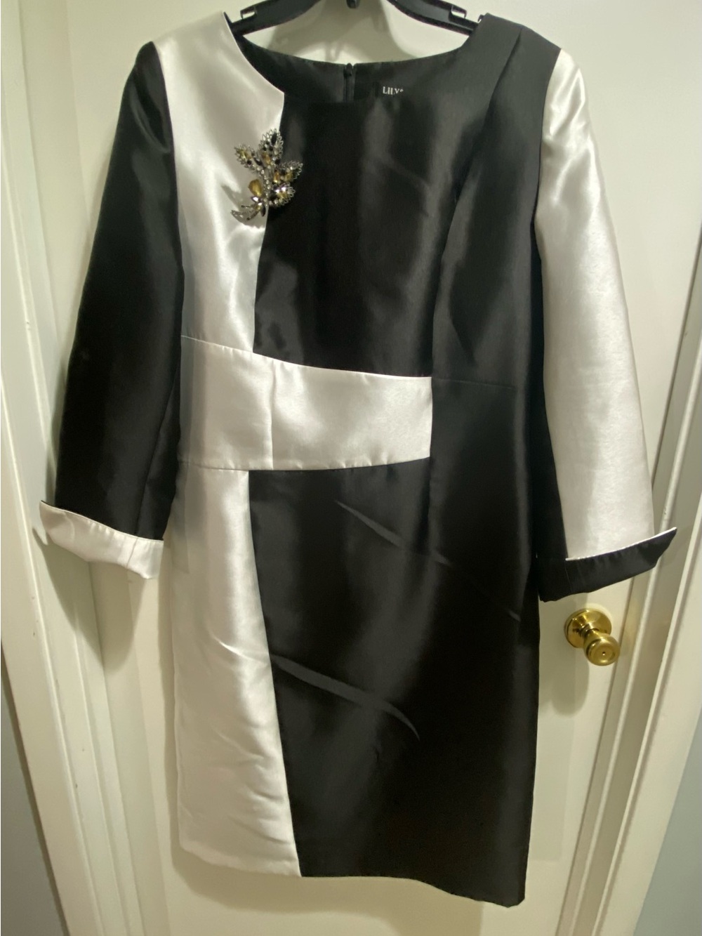 Lily & Taylor Black Satin Shift Dress with Detachable Decorative Brooch